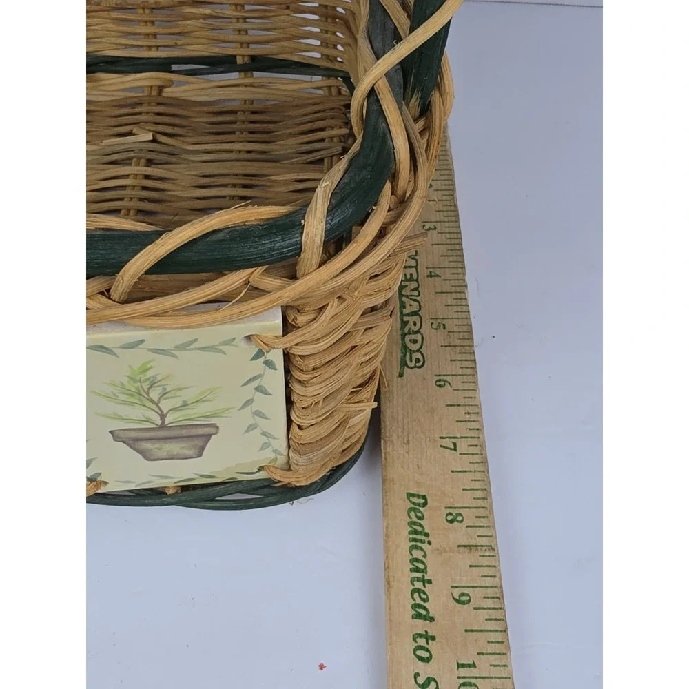 Woven Wicker Basket With Painted Ceramic Tile Accents Gardening Theme Handles